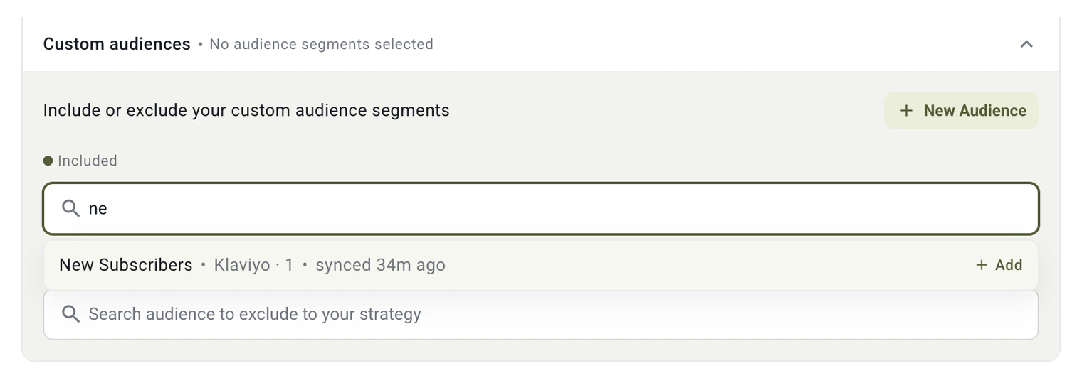 Searching custom audiences in the Bronco campaign editor: a Klaviyo segment appears with its source and last sync time, one click to add.