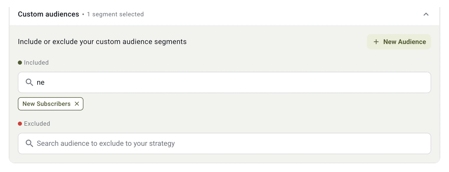 A Klaviyo segment included in a campaign strategy, with a separate field for excluded audiences below.