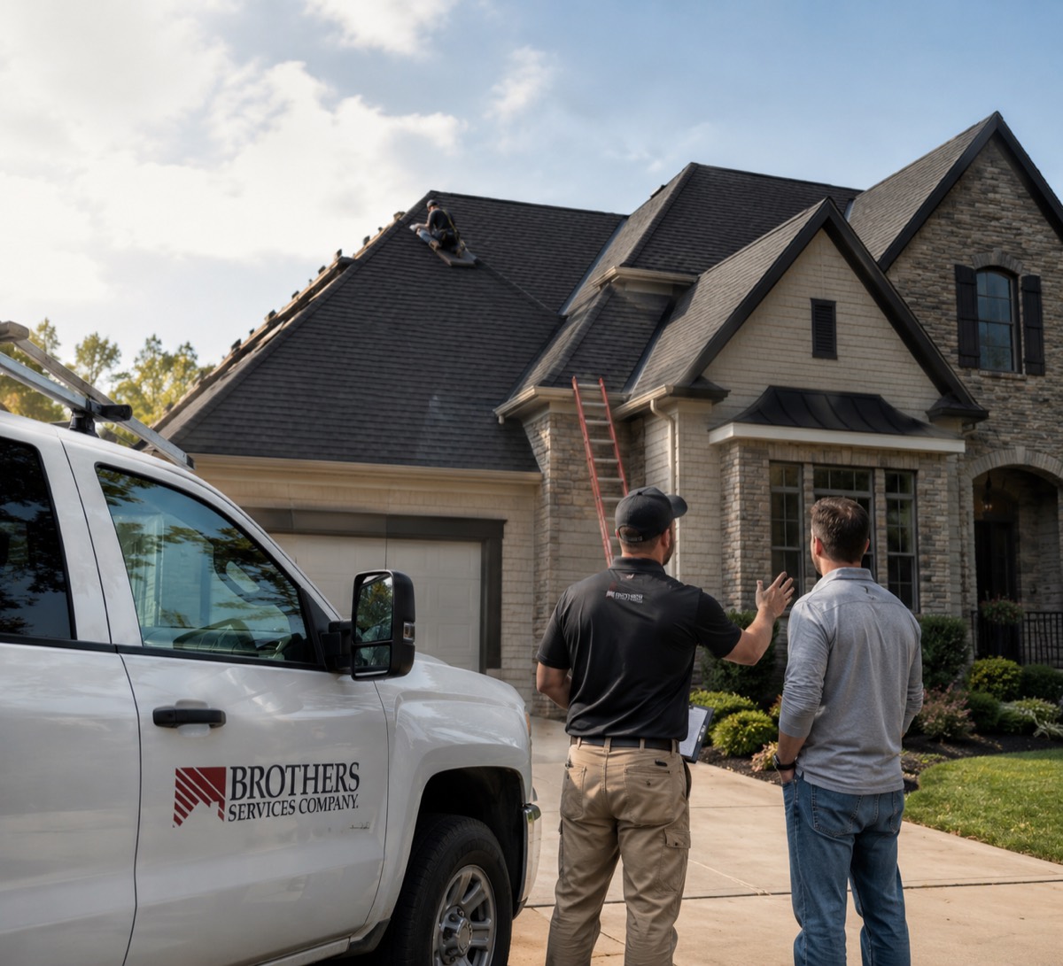 Brothers Services crew reviewing a roofing job with a homeowner