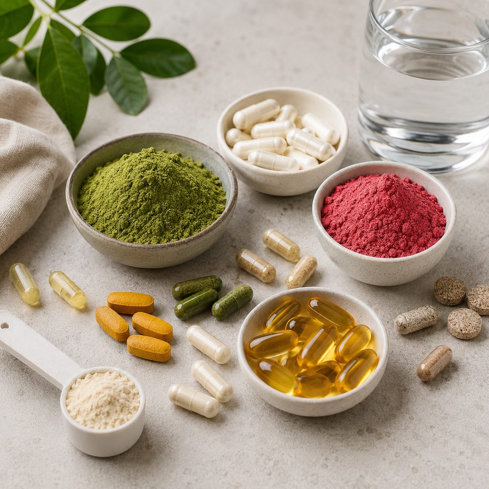 Supplement capsules, tablets and powders arranged in bowls
